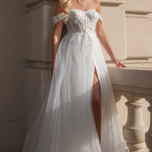 NEW LONG OFF WHITE OFF THE SHOULDER EMBROIDERED WEDDING SLEEVELESS DRESS AC 5023 - Picture 6 of 6